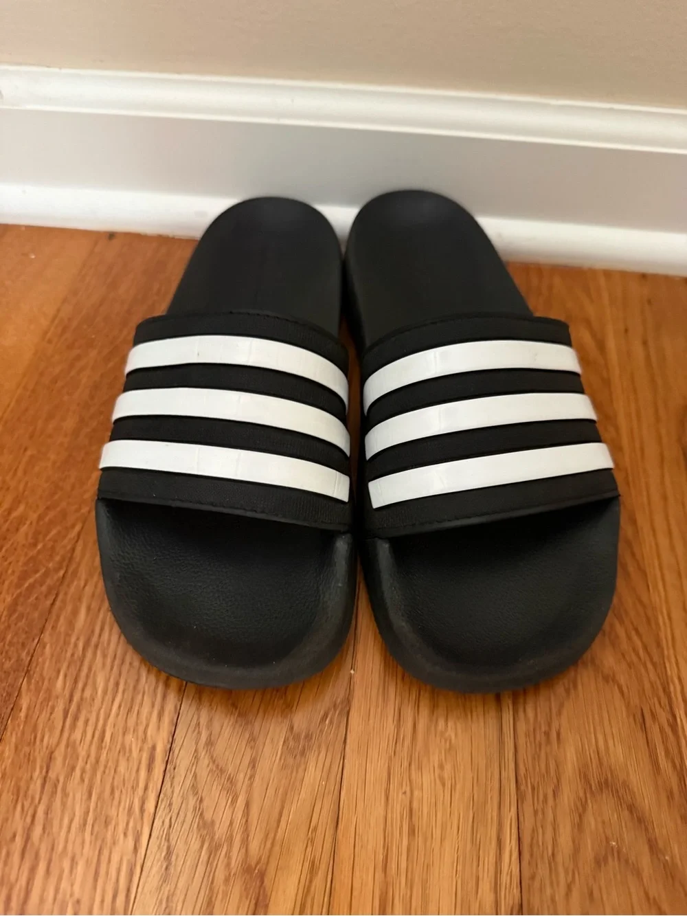 adidas Black Slides with White Three-Stripe Strap